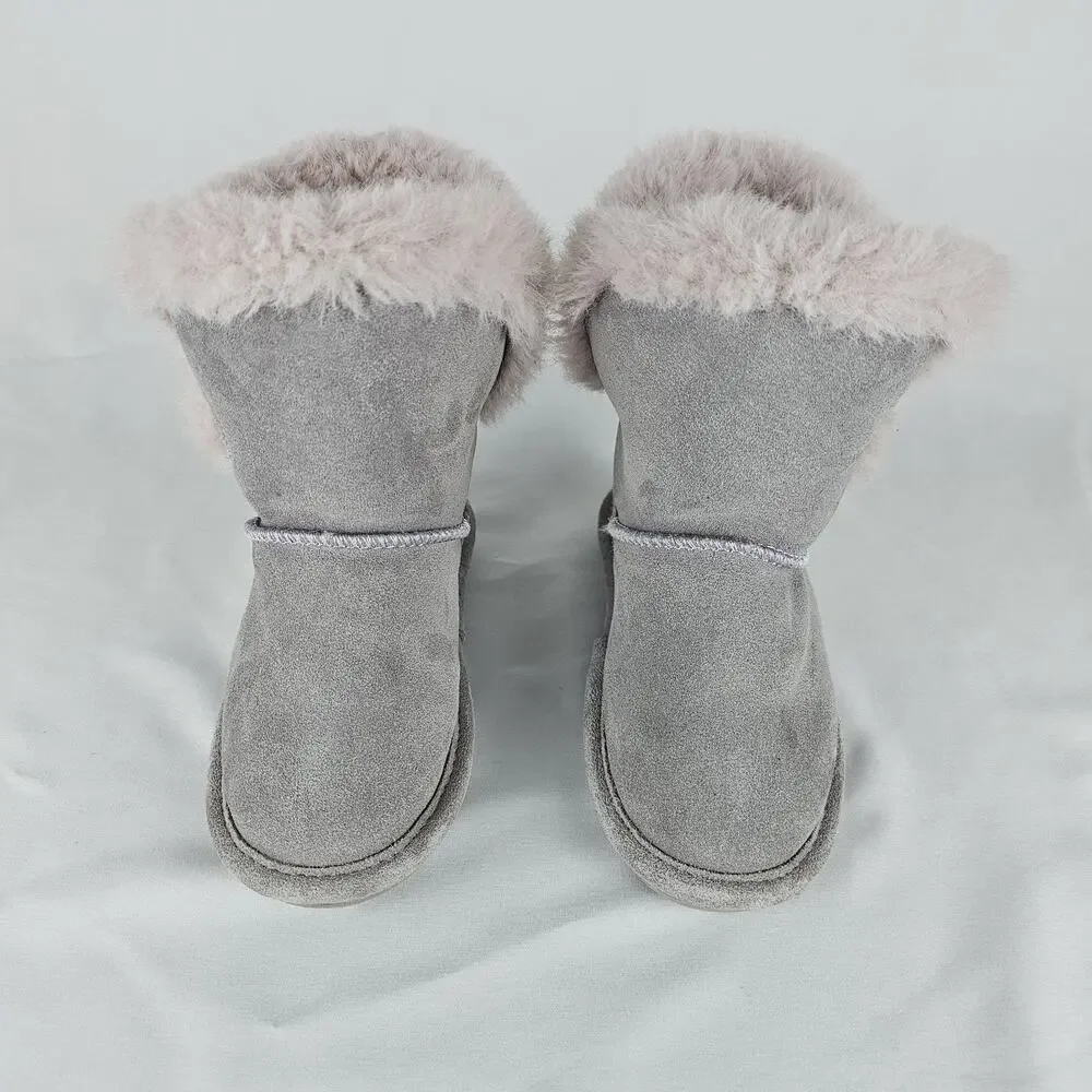 Bearpaw Betsey Girls Youth Size 11 Grey Suede Faux Fur Trim Winter Ankle Boots
